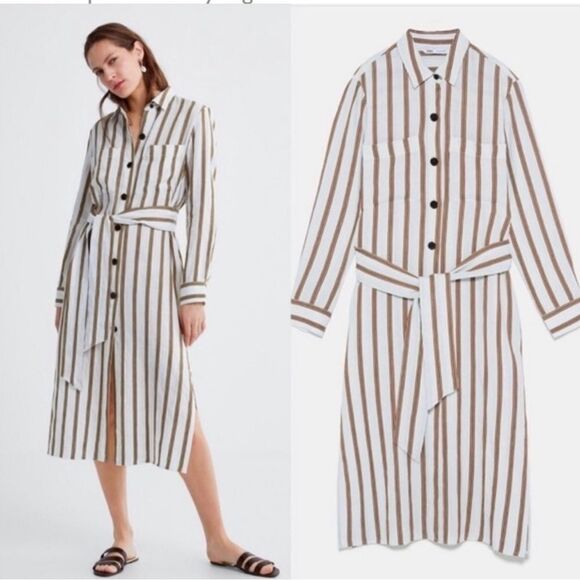 ZARA boho cream tan striped linen buttoned belted collared shirt midi dress S - Picture 1 of 12